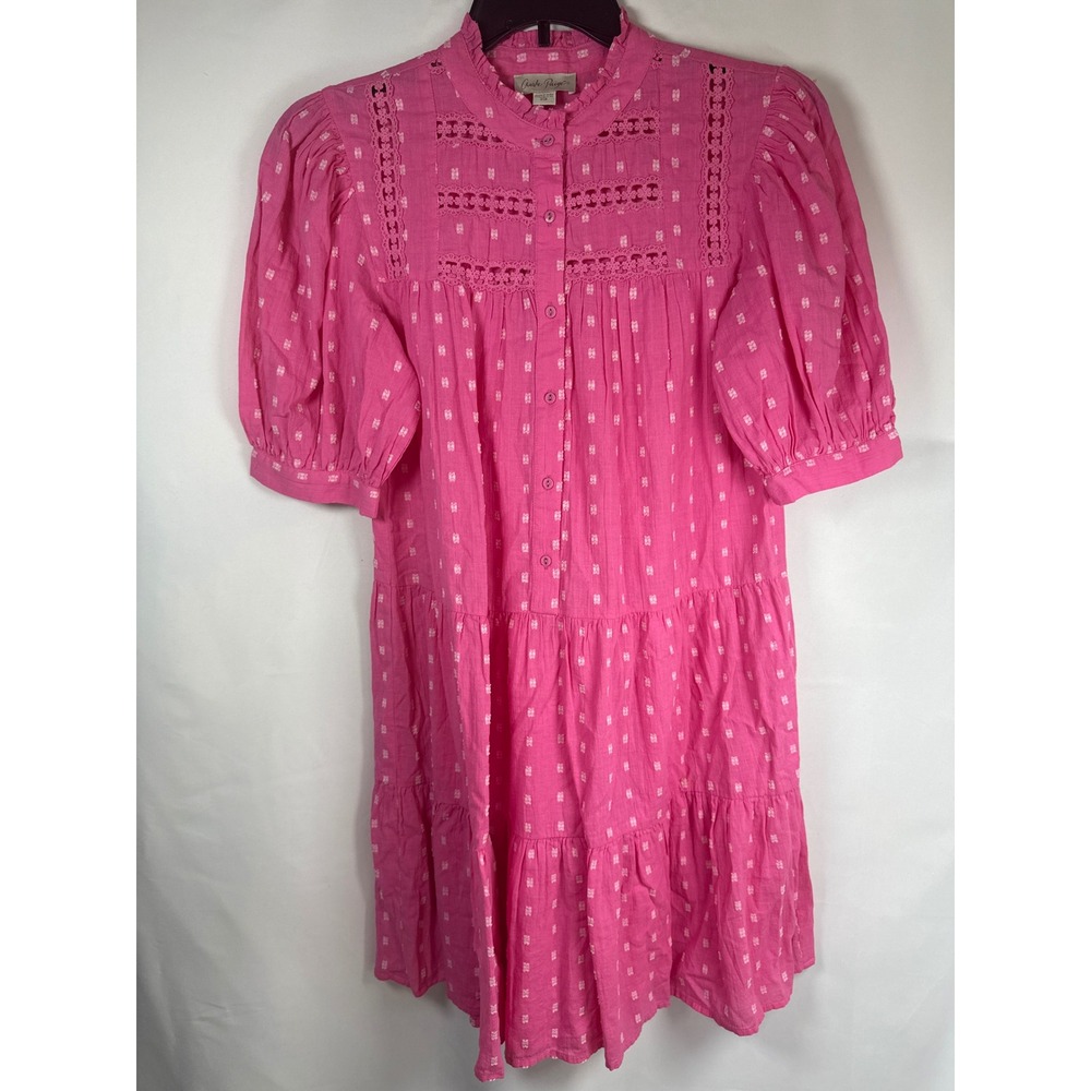 Charlie Paige Pink Dobby Clip Dot Tiered Dress Crochet Lace Boho Small preppy